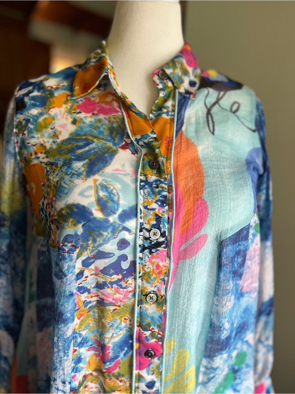 John Mark Multicolor Floral-Print Button Front Blouse Mix Print Boho M Statement - Picture 2 of 11